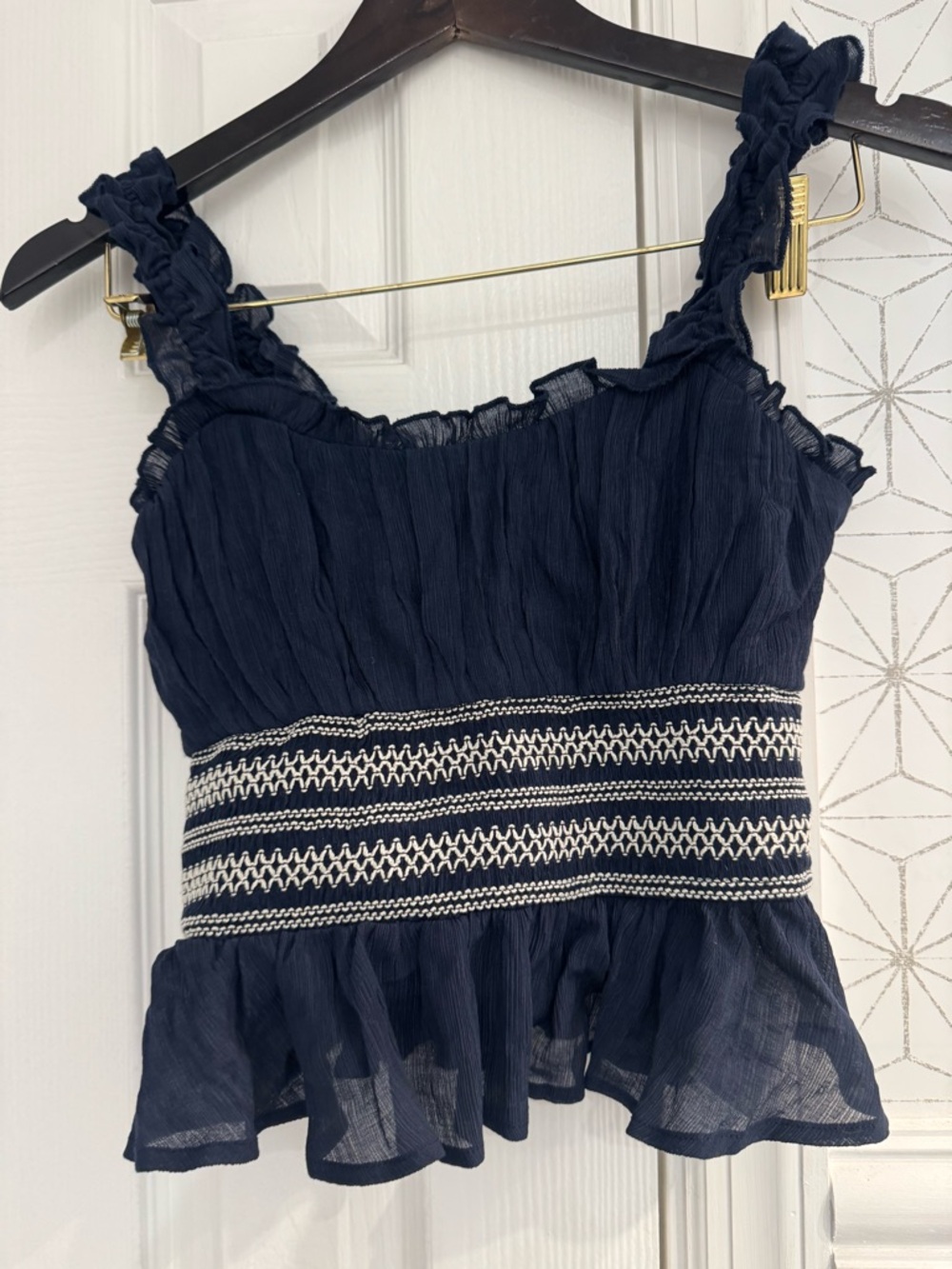 Francesca’s Smocked Ruffle Tank Top Navy Blue Size Small NWT